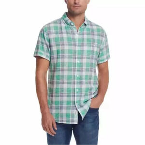 Weatherproof Vintage Men’s Washable Linen Short Sleeve Woven Shirt, Green Large